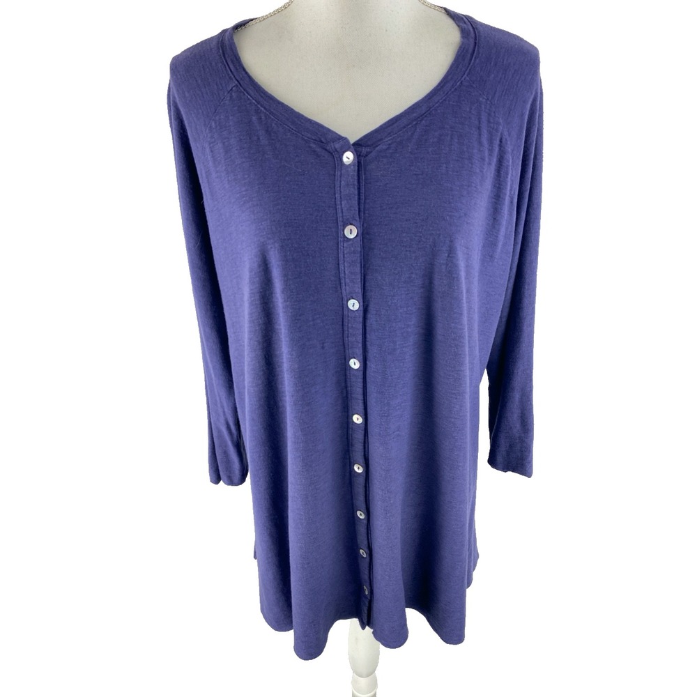 Cut Loose Womens Plus 2X‎ Linen Blend Button Front Blouse Purple 3/4 Sleeve